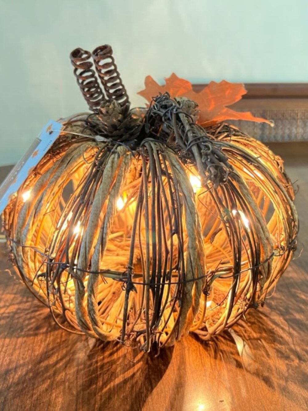 Fall Autumn Rustic Woven Lighted Pumpkin Grapevine-Style